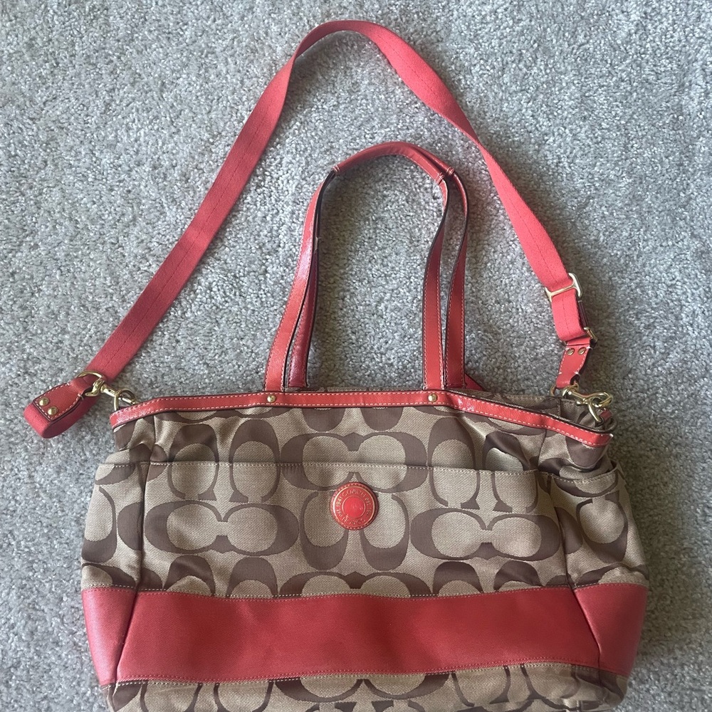 Coach Signature Diaper Bag in Tan and Red